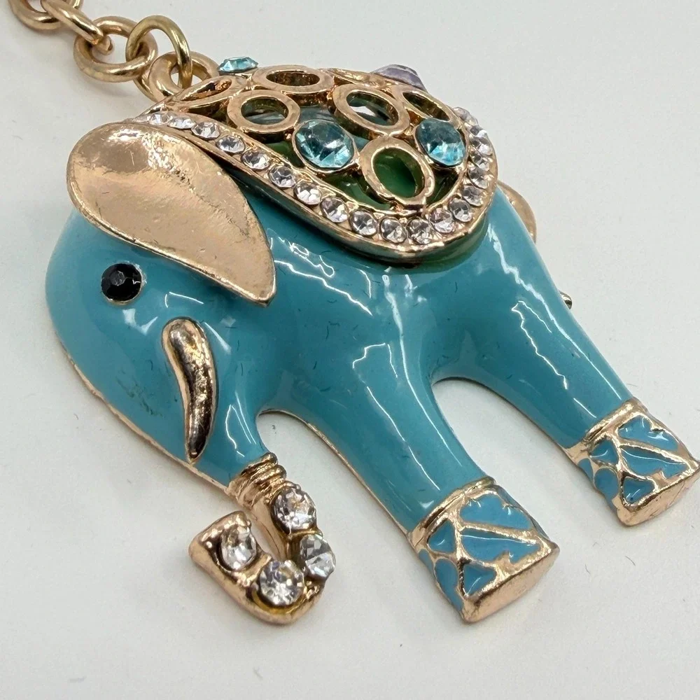Vintage Teal Enamel Elephant Keychain with Gold Tone & Rhinestones
